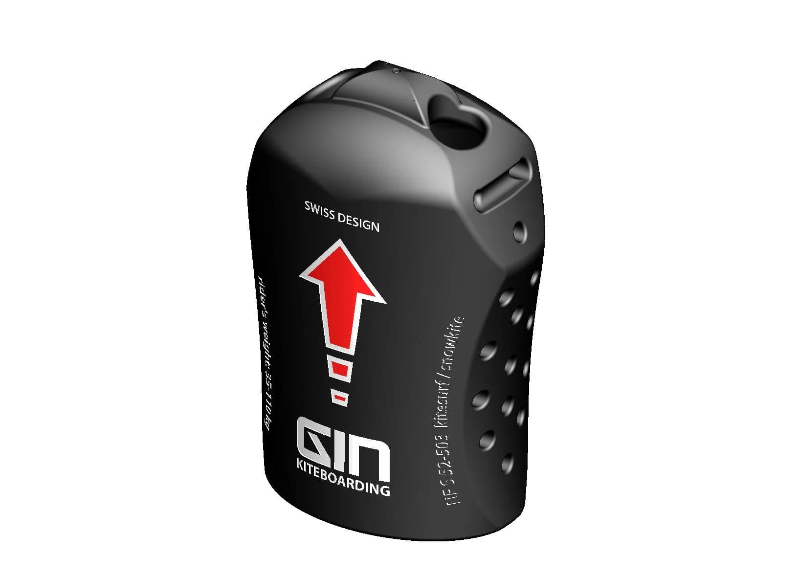 CAD rendering of the primary kitesurf safety release in black polymer with a red activation arrow