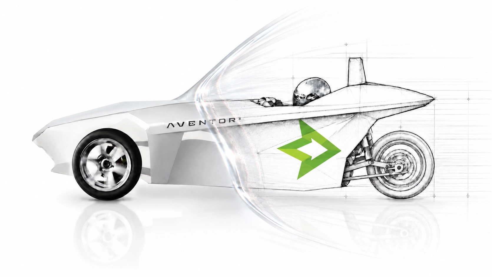 The Aventor transitions from a drawing to a realistic rendering through a transparent wave.